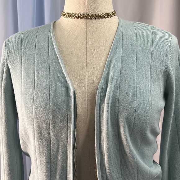 Jeanne Pierre Petites light blue cotton square textured v-neck zip up cardigan S - Picture 4 of 8